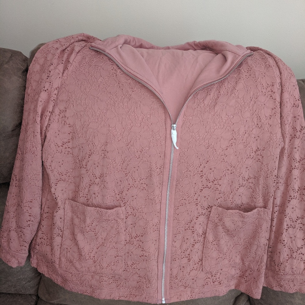 NEW.Denim & Co. Long Sleeve Lace Zip Front Jacket